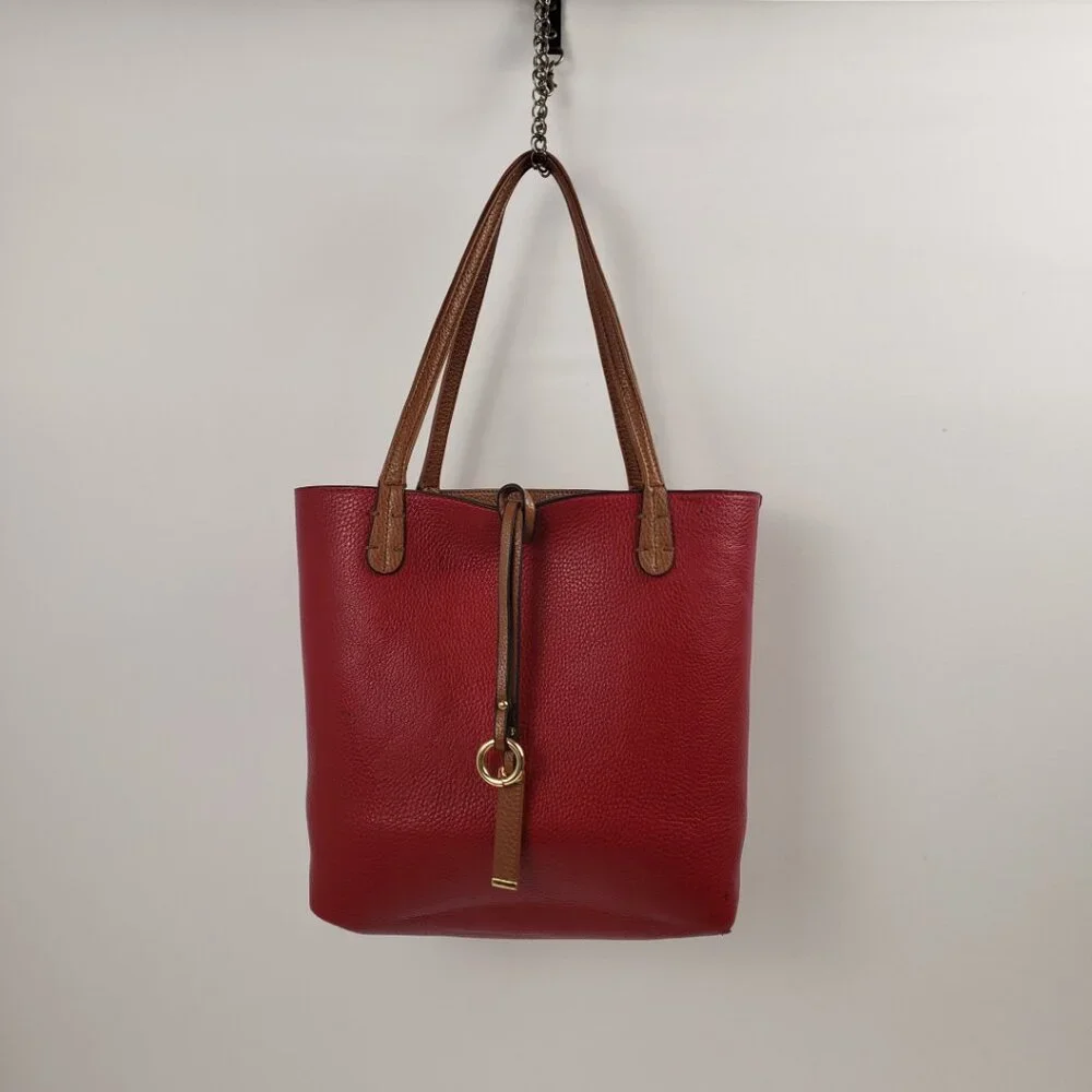 Kris Ana Reversible Handbag Camel Tan Red Key Ring Tote Bucket Purse